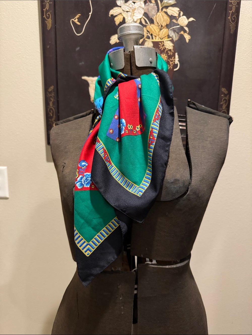 Luxurious Green, Red Kimono Floral Scarf